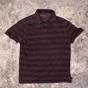 Perry Ellis Polo Shirt Men Medium Dark Brown Striped Cotton Johnny Collar Casual